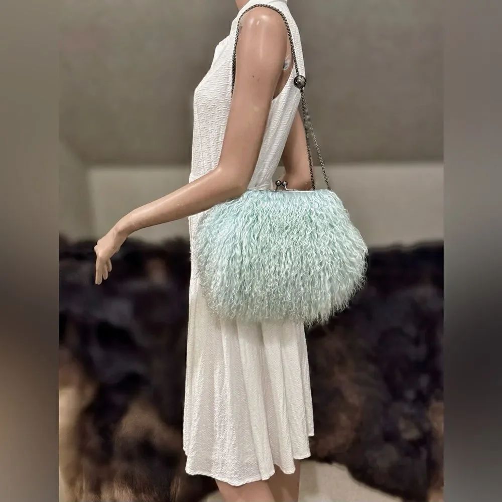 Aqua Handmade Real Mongolian Lamb Fur Kisslock Wristlet/Shoulder Bag, Crossbody